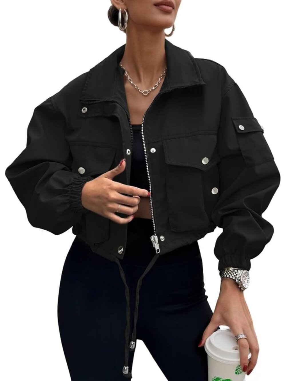 Women's Black 100% Polyester Cropped Zip Up Cargo Utility Anorak Bomber Jacket